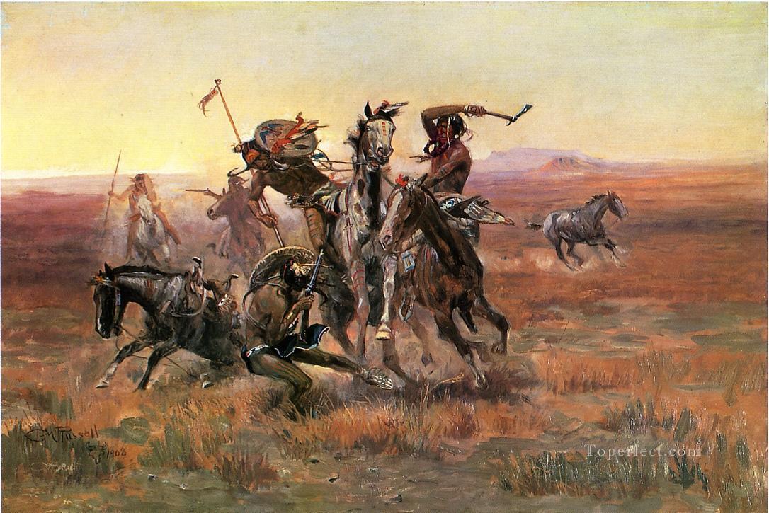When Blackfeet and Sioux Meet cowboy Charles Marion Russell Indiana Oil Paintings